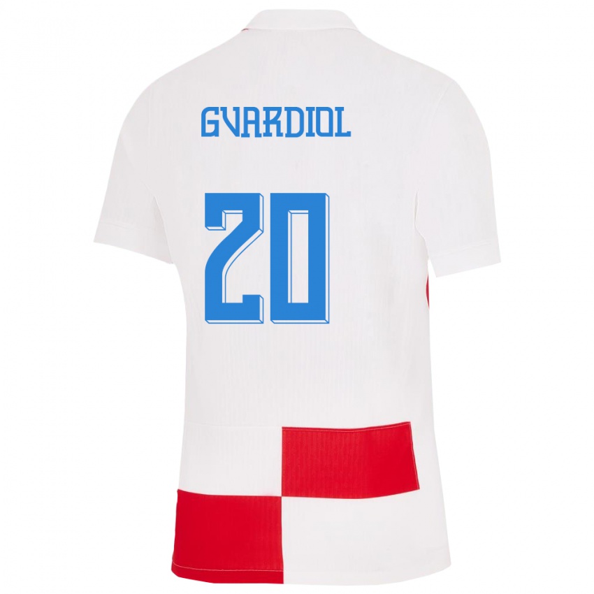 Homem Camisola Croácia Josko Gvardiol #20 Branco Vermelho Principal 24-26 Camisa Brasil