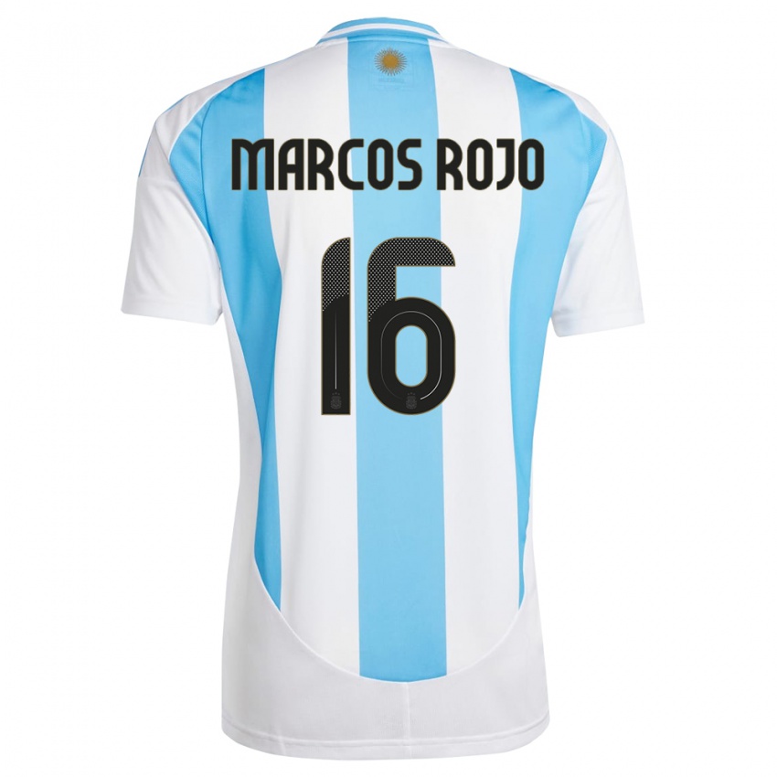 Mulher Camisola Argentina Marcos Rojo #16 Branco Azul Principal 24-26 Camisa Brasil