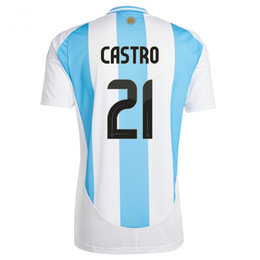 Mulher Camisola Argentina Santiago Castro #21 Branco Azul Principal 24-26 Camisa Brasil