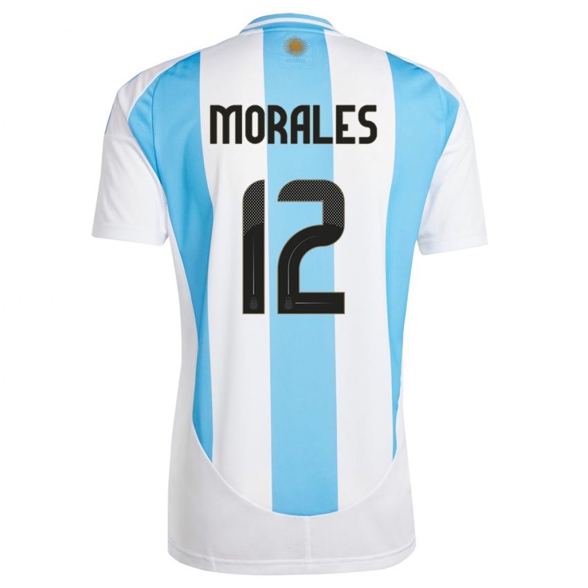 Mulher Camisola Argentina Lautaro Morales #12 Branco Azul Principal 24-26 Camisa Brasil