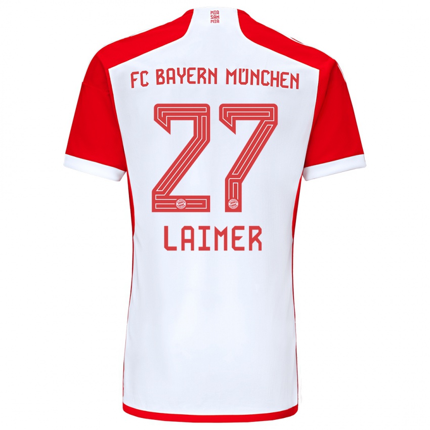 Criança Camisola Konrad Laimer #27 Vermelho Branco Principal 2023/24 Camisa Brasil