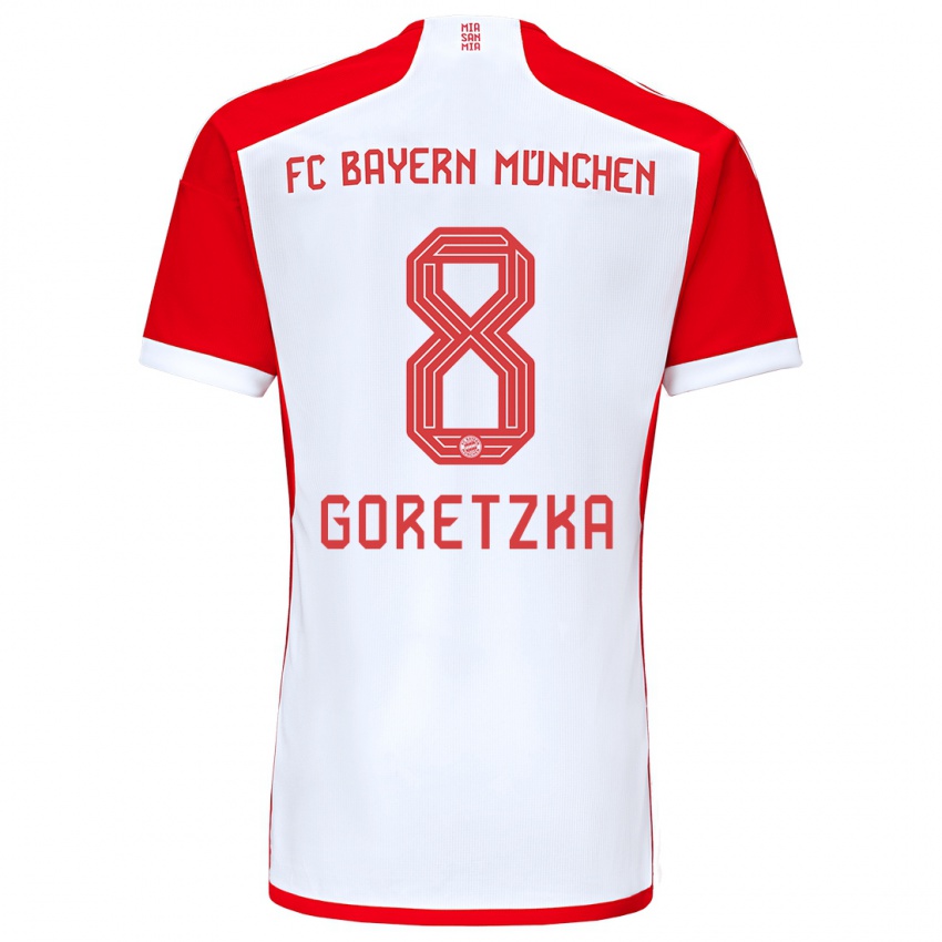Mulher Camisola Leon Goretzka #8 Vermelho Branco Principal 2023/24 Camisa Brasil
