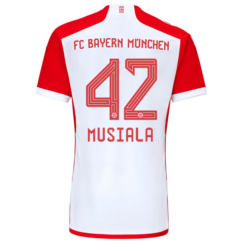 Mulher Camisola Jamal Musiala #42 Vermelho Branco Principal 2023/24 Camisa Brasil