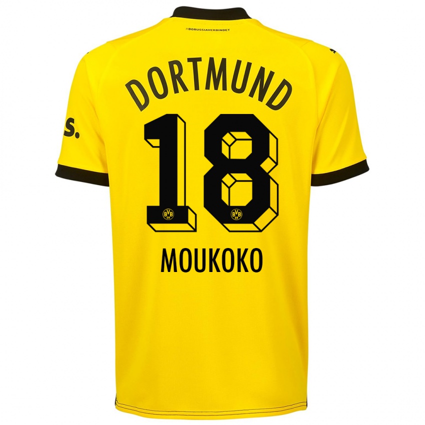 Mulher Camisola Youssoufa Moukoko #18 Amarelo Principal 2023/24 Camisa Brasil